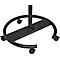 Zwart stand met wielen, detailopname. Een metalen ring, verbonden met een rechthoekige basis, draagt een verticale kolom. Vier wielen aan de ring zorgen voor mobiliteit.