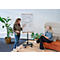 Eine Frau erklärt Diagramme auf einem Flipchart, die andere hört zu. Pflanzen und eine Couch im Büro.