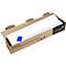 Whiteboard in a brown cardboard box with blue accessories.