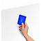 Hand holding a blue squeegee against a white background.