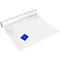 A white roll of paper with a blue squeegee. The paper is spread out in front of the roll.