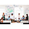A group of people in the office brainstorming. Diagrams are on the wall and the word "Idea" is written.
