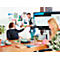 Three people at a presentation in the office. Two men exchange notes, a woman works at the table.