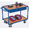 Leichter Tischwagen, Stahl/MDF-Platte, Enzianblau/Buche-Dekor, 2 Etagen, L 985 x B 605 mm, 2 Schubladen, TPE-Rollen mit EasySTOP, bis 250 kg