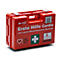 Trousse de premiers secours rouge avec texte blanc et croix verte sur fond blanc.