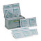 Une boîte ouverte de lingettes nettoyantes Lens Wipes, avec plusieurs lingettes emballées individuellement à côté.