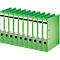 Green file folders, row, with labels and logo. A row of folders stands slightly askew.