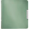 Light green book with silver metal strip and clasp. The surface of the book has a fine texture.