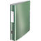 A green Leitz binder in half profile. It has a white sticker with lettering and a gray spine.
