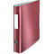 Red binder with metallic finish, white label and gray closure.