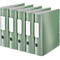 Five green binders stand next to each other. Each has a white label with the lettering "Leitz". The binders have a metal edge.