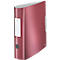 Red binder with smooth surface. On the left side is a white label and a grey button.