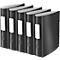 Five black file folders stand side by side. Each has a white label and a round opening.