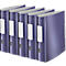 Five blue binders next to each other, with white labels and the "LEITZ" logo.