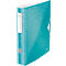 Turquoise Leitz binder with geometric pattern, white label with printing.