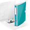 An open, turquoise folder with a white interior, dotted pattern, and metal mechanism.