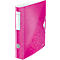 Pink Leitz binder with pattern. A label on the left. White closure on the right.