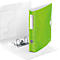 A green binder with white details. The binder is open, showing the inside, including a metal mechanism. The green part has a pattern.