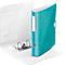 Turquoise binder, open, with white interior, floral pattern and LEITZ logo.