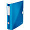 Blue Leitz binder with a white label and clasp, taken at a slight angle.