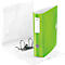 A green Leitz binder stands open on a white background. The binder is printed with leaves.