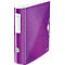 Purple patterned binder. White label and grey button on the front.