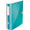 Teal Leitz binder with white label and geometric pattern.