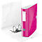 A pink file folder with a geometric pattern stands open against a white background. The Leitz logo is visible.