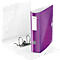 Purple ring binder with floral pattern, opened. "LEITZ" and a label on the spine. White inside pages.