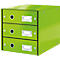 Green three-drawer box. Each compartment has a label and a round handle.