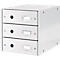 White desk organizer with three drawers, labels and knobs. Leitz logo.