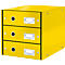 Yellow drawer box with three drawers, black handles and silver label holders. The brand "Leitz" is recognizable.