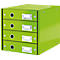 Bright green filing cabinet with four drawers. Each drawer has a handle and a nameplate. The cabinet is made of metal.
