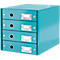 Turquoise blue drawer cabinet with four drawers. Each drawer has a hole and a name tag.