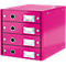 A fuchsia desk organizer with four drawers. Each drawer has a round hole and a silver label with the "LEITZ" logo.