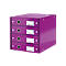 A purple office cabinet with four drawers. Each drawer has a black handle and a silver name tag.