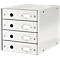 White office filing cabinet with four drawers, black handles, and label holders.