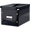 Black, square storage box with lid. Metal handle and silver corner connectors.
