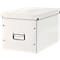 White storage box with lid and metal handle. Corner joints reinforced.
