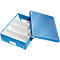 Blue archive box with lid, open view of the compartments. White dividers are inserted.