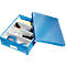 Blue storage box with compartments, half open, containing office supplies.