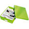 Green office box with lid and compartments. Box contains pens, sticky notes, punch, chargers.