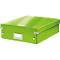 Green storage box with lid, metal fittings and label, smooth and shiny.