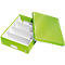 Green file box with white dividers, the lid is open.