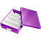 Open purple archive box with white dividers and loose lid.