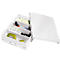 White file organizer with open compartments filled with office supplies such as hole punch and sticky notes.