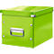 Light green storage box with lid and metal handle. The corners are reinforced with metal.