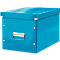 Blue storage box with lid and silver handle. The box is square.