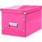 A closed, rectangular pink box with silver handles and corner fittings.