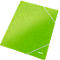 A bright green folder with white elastic band, pattern of squares with Leitz logo.